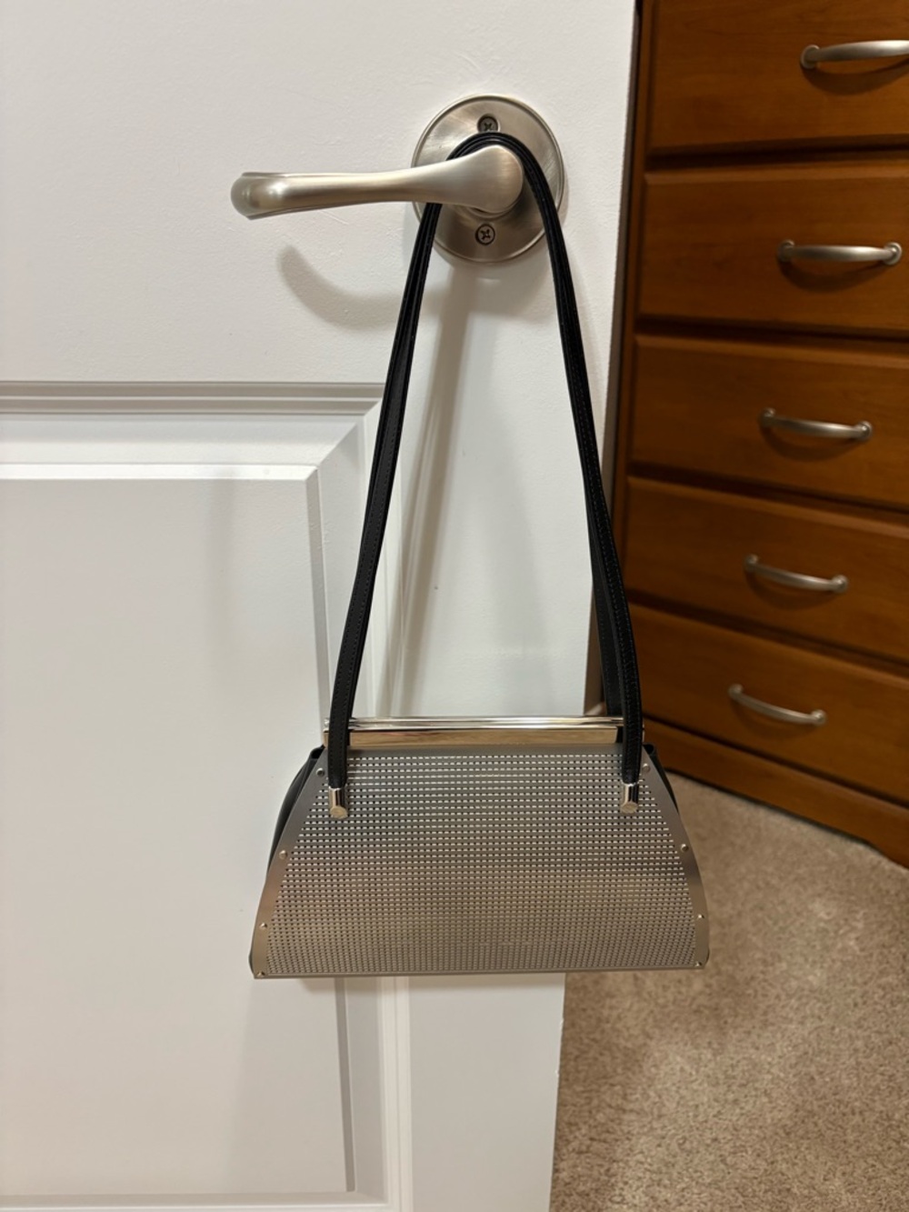 Wendy Stevens - Metallic Silver Structured Shoulder Bag with Black Straps